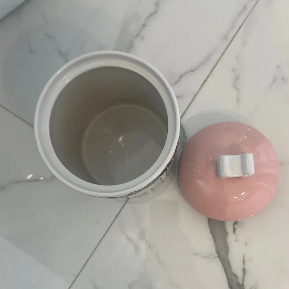 Ceramic Dog Treat Canister — Pink Lid & Blue Striped Body